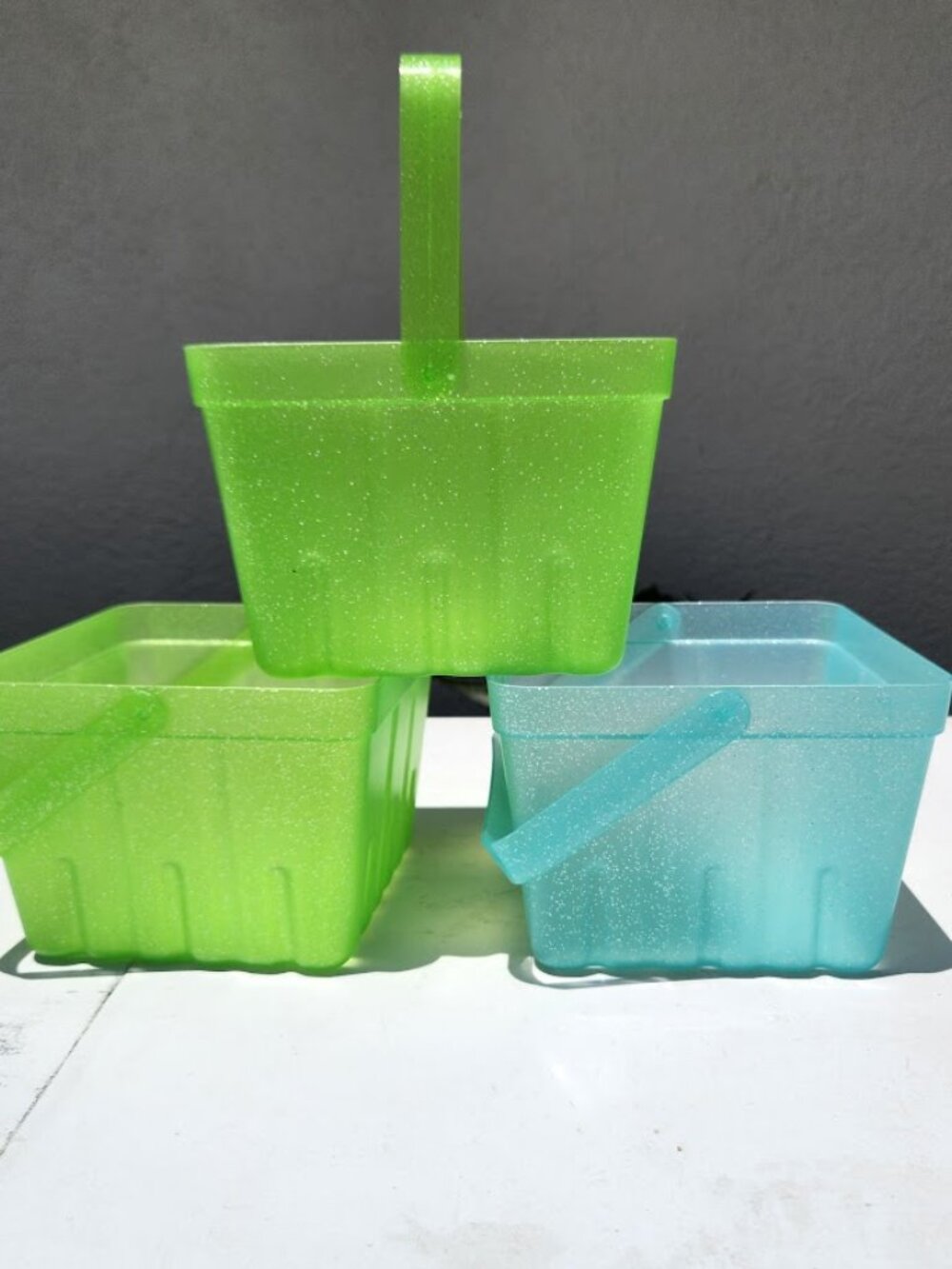 Set of 3 Baskets Basket Bundle with Handle Blue Green Sparkly Easter Basket Part